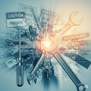 An abstract digital artwork featuring a glowing circuit board with flowing data, overlaid with a large screwdriver, two wrenches, and caution signs reading "CAUTION," "PRIVATE," and "RESTRICTED AREA." Binary code and fragmented text are also visible.