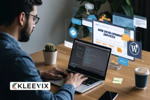 A man in glasses working on a laptop with a web development services website design on screen, showcasing coding, web design elements, and a WordPress logo. This depicts modern web development.