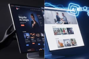 Comparison of a custom website design on a tablet versus an AI-best free ai website buildergenerated website design on a laptop, highlighting the choice between a professional designer and a free AI website builder.bysharminsufia