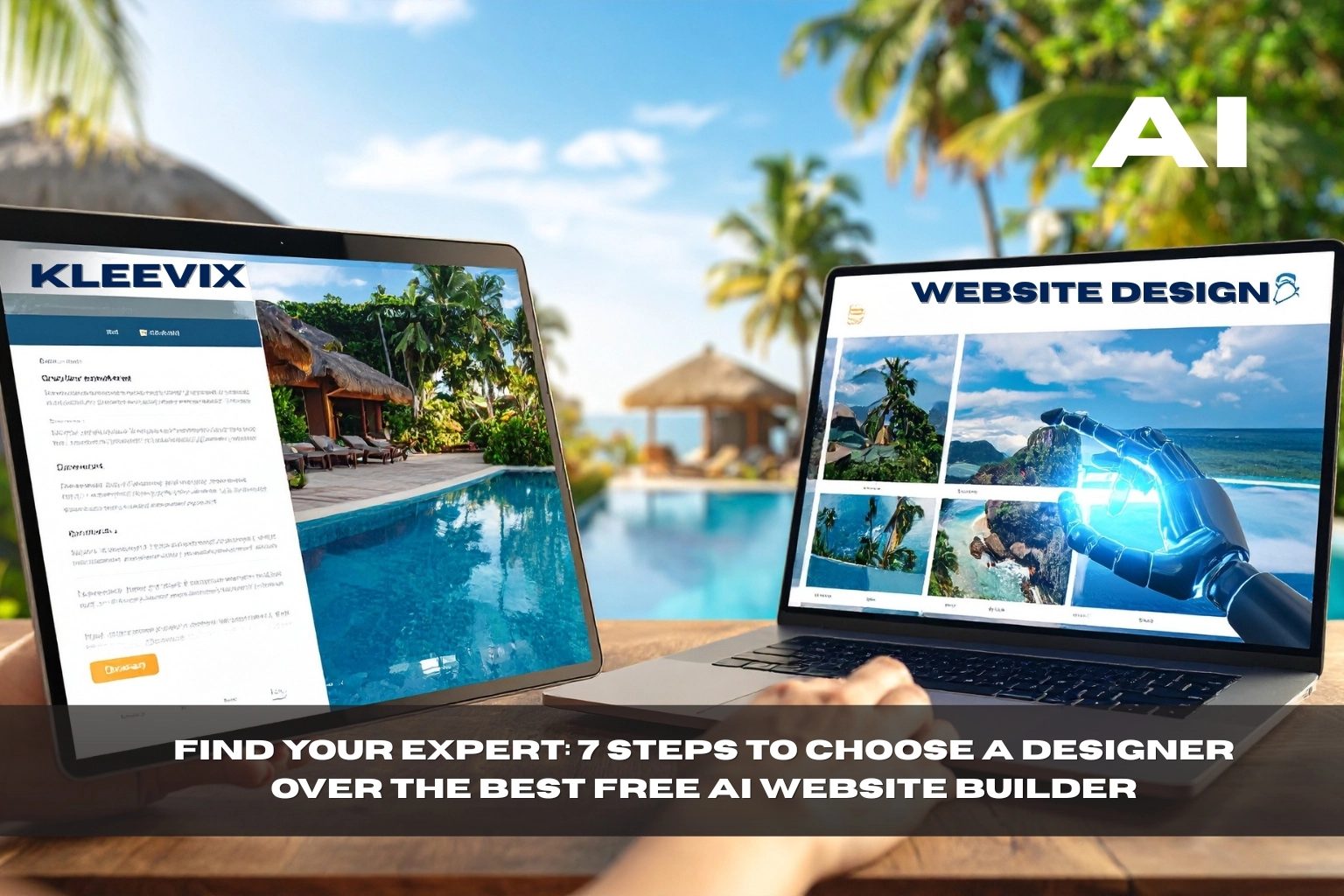 Comparison of a custom website design on a tablet (by sharminsufia) versus an AI-generated website design on a laptop, highlighting the choice between a professional designer and the best free ai website builder."