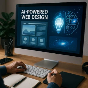 A person's hands are visible on a desk, one typing on a keyboard and the other holding a stylus over a drawing tablet. A large monitor displays "AI-POWERED WEB DESIGN" and features a glowing lightbulb connected to a circuit-like brain and a website wireframe.