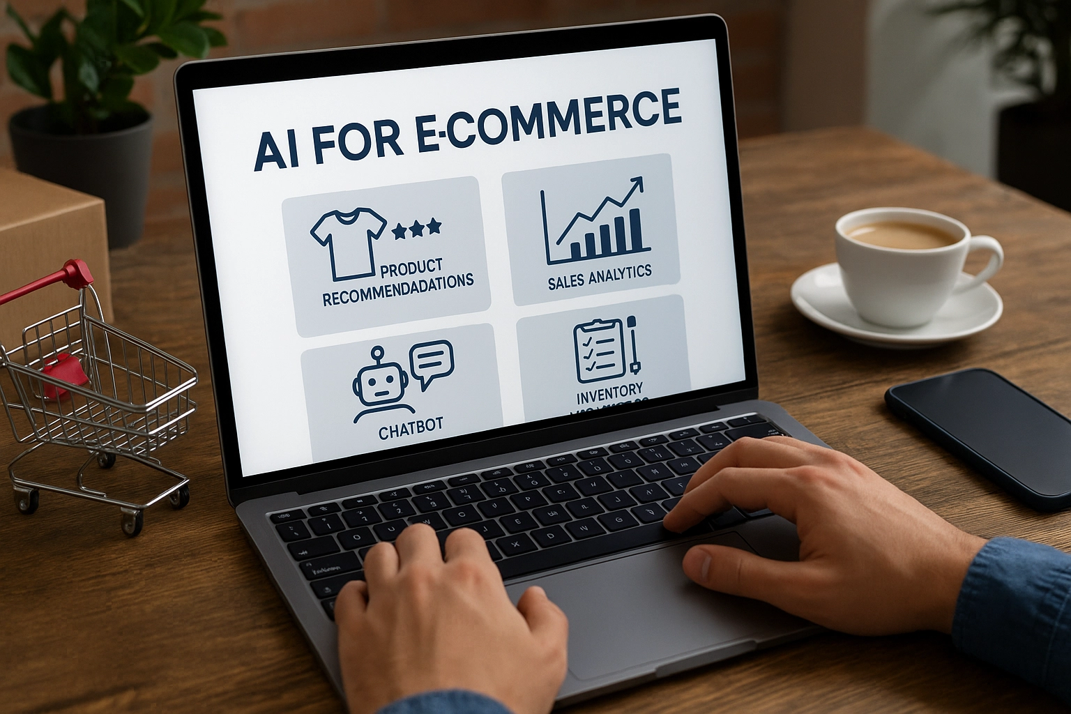 Hands typing on a laptop displaying "AI in E-COMMERCE" with four icons representing product recommendations, sales analytics, chatbots, and inventory management. A miniature shopping cart, smartphone, and coffee cup are on the wooden desk.