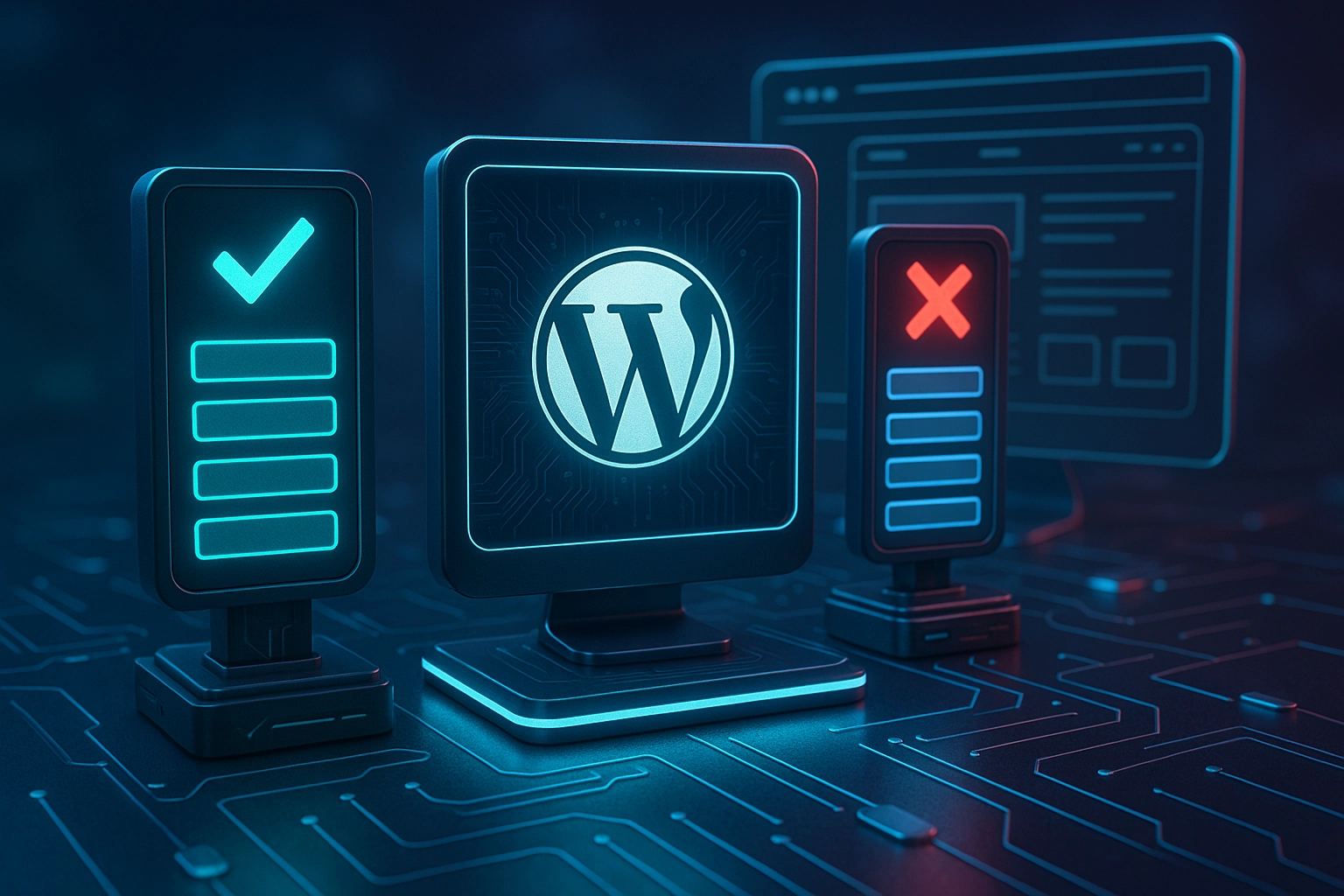 A digital illustration showing three stylized glowing monitors on a circuit board background: one with a green checkmark and progress bars, one with a white WordPress logo, and one with a red 'X' and progress bars.