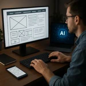 A man working at a desk with a desktop monitor displaying a website wireframe, a laptop with an 'AI' logo, and a smartphone showing a mobile wireframe, all in a dimly lit setting.