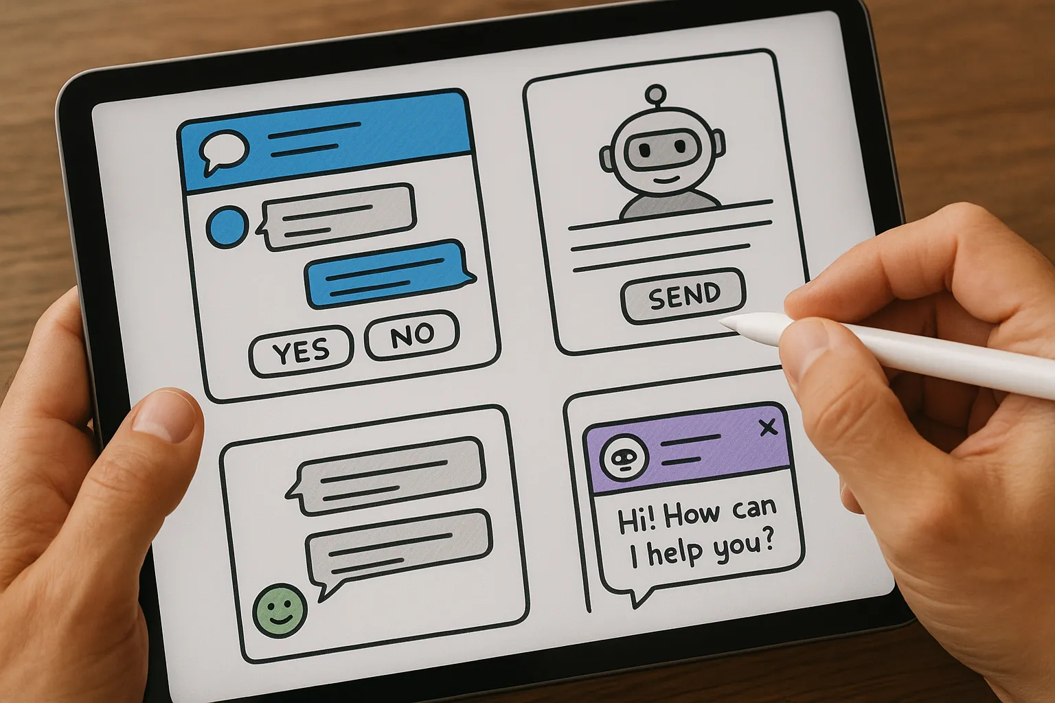 A UX designer sketching different interface options for an ai chatbot, a key part of strategic web page design.