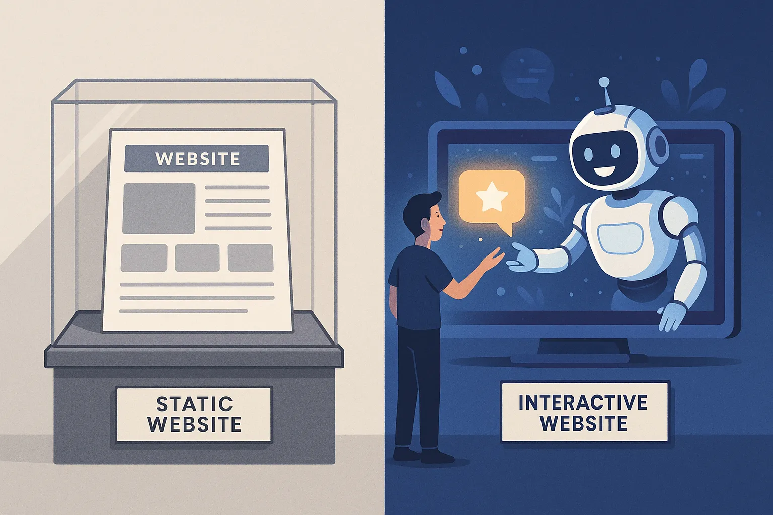 A visual comparison of a static website versus a modern ai website with an active ai chatbot engaging a user.
