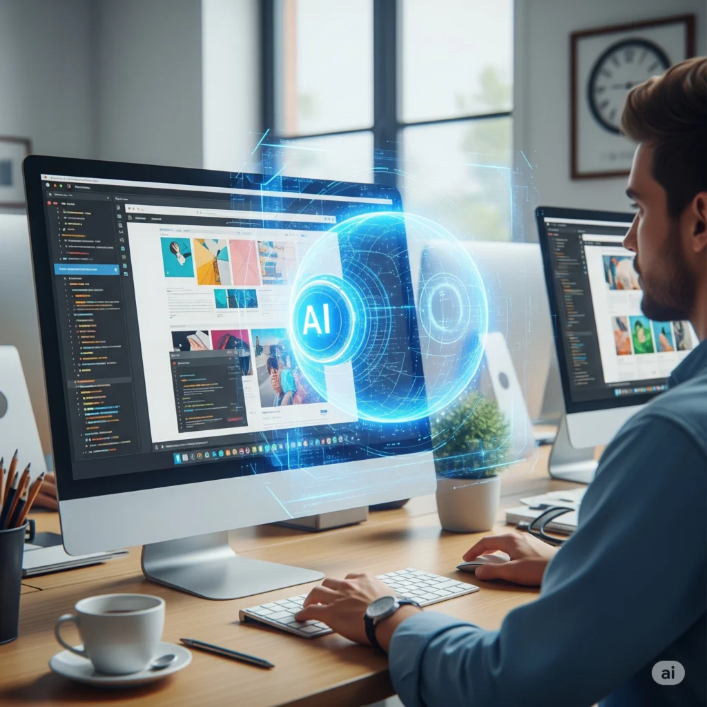 A man working at a computer desk with two monitors, the main one displaying a glowing blue spherical AI icon surrounded by data elements, and the screen showing a creative interface with various images.
