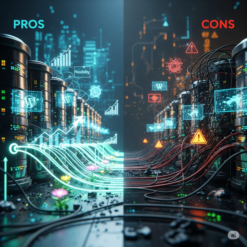 A digital illustration divided into "PROS" (blue, glowing, positive tech visuals) and "CONS" (red, tangled, warning tech visuals) of WP web templates sections, representing the duality of technology with WordPress logos and data concepts.
