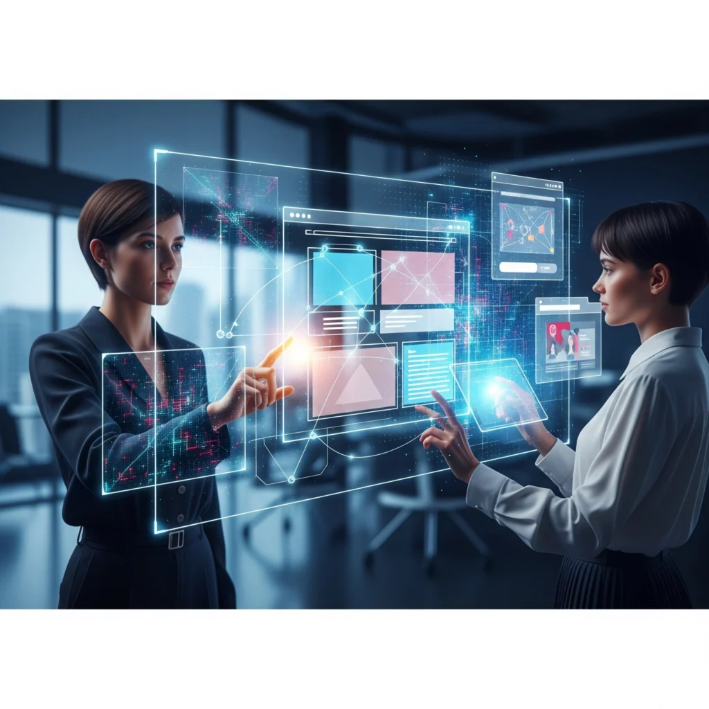 Two businesswomen interacting with a large, glowing transparent holographic display filled with abstract data, charts, and digital interface elements in a modern office.