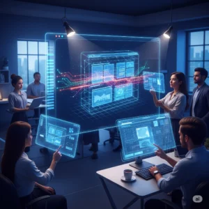 Alt Image: A team of professionals collaborates in a modern office, interacting with large, glowing blue holographic displays that showcase complex data visualizations, network diagrams, and user interfaces, symbolizing advanced data analysis and system management.