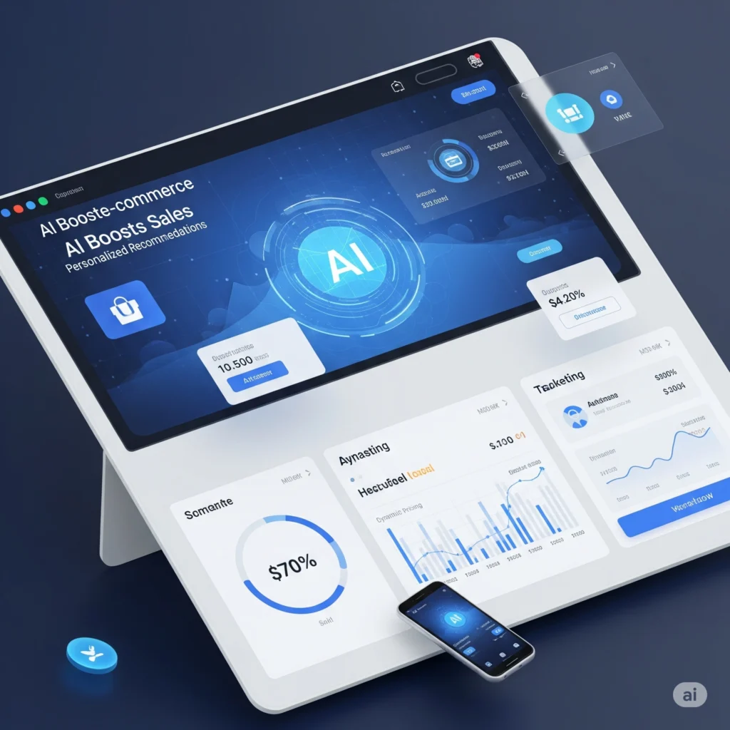 A digital tablet displaying an e-commerce dashboard with "AI Boosts Sales" and "Personalized Recommendations," featuring data visualizations, AI branding, and a connected smartphone. A floating holographic shopping cart icon is also visible.