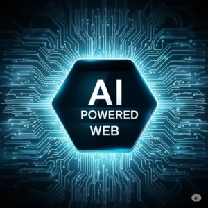 A glowing blue hexagonal chip with "AI-Powered Webpage Designer" written on it, set against a dark background of intricate, illuminated circuit board pathways, symbolizing artificial intelligence at the core of web technology.