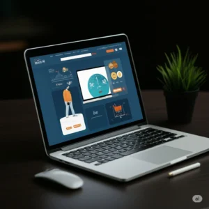 A laptop displaying a creative web interface with a dark blue background, featuring abstract figures, data visualizations, a shopping cart, and smiling emoji-like faces. A white computer mouse, pen, and small plant are on the dark wooden desk.