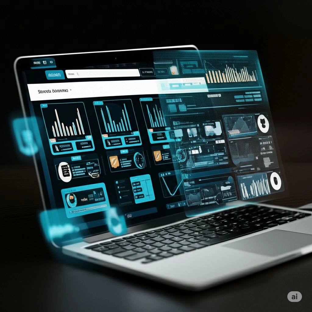 A laptop displaying a complex digital dashboard with multiple data visualizations, charts, graphs, and abstract technological elements that appear to extend holographically from the screen into the surrounding space.