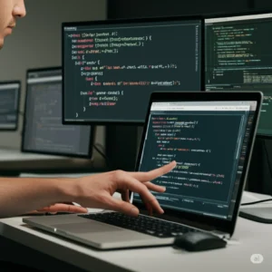 A close-up of a developer's hands typing on a laptop, with multiple external monitors in the background displaying lines of code.