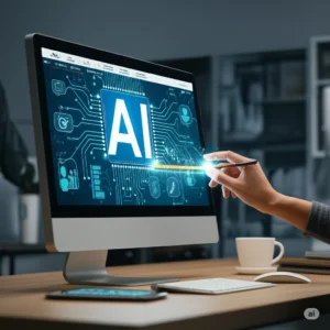 A hand with a stylus interacting with a desktop computer screen that displays a large 'AI' circuit board graphic and various technological icons.