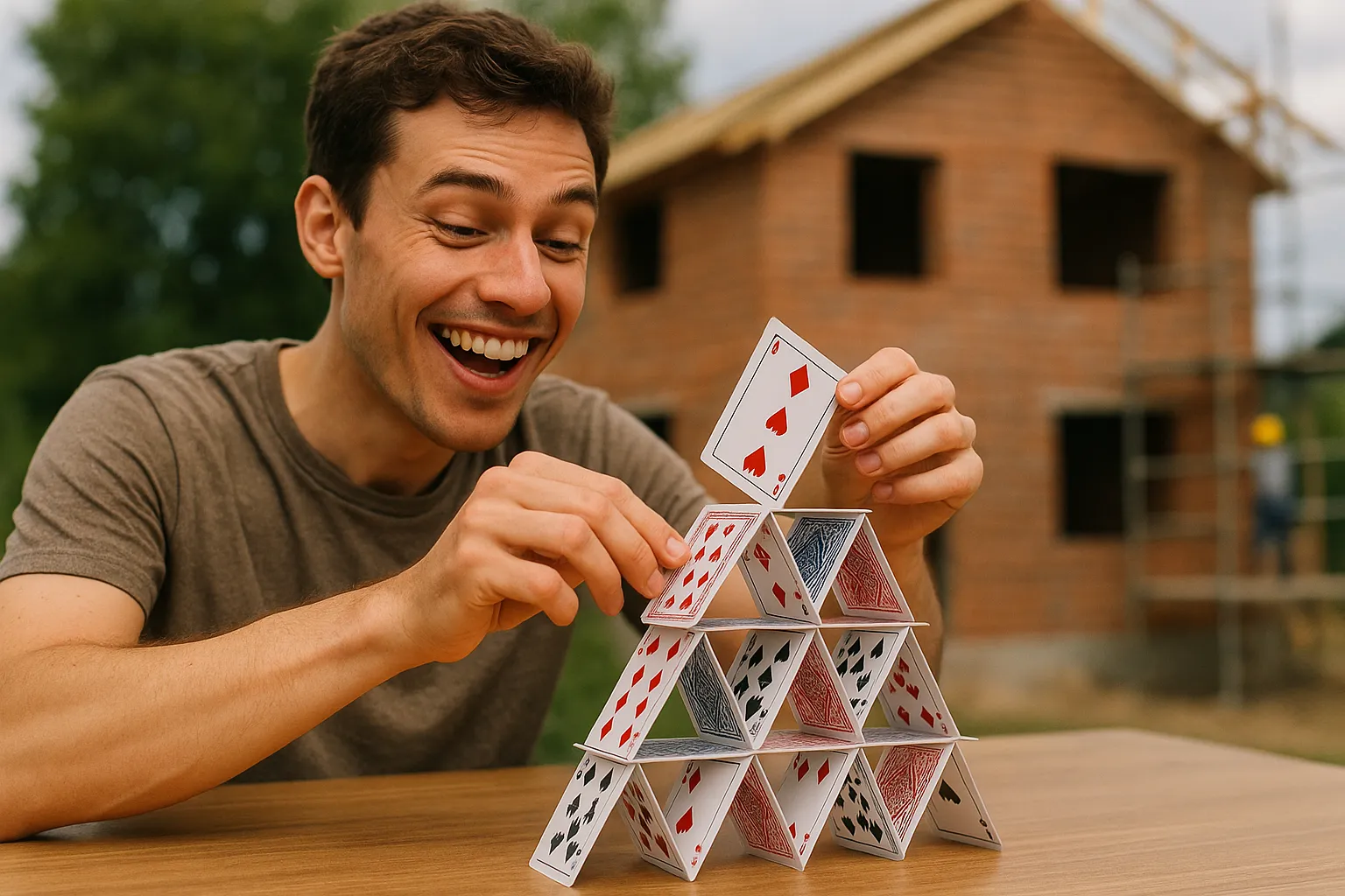 A person building a house of cards, symbolizing the fragile and temporary nature of a site made with a free website builder.