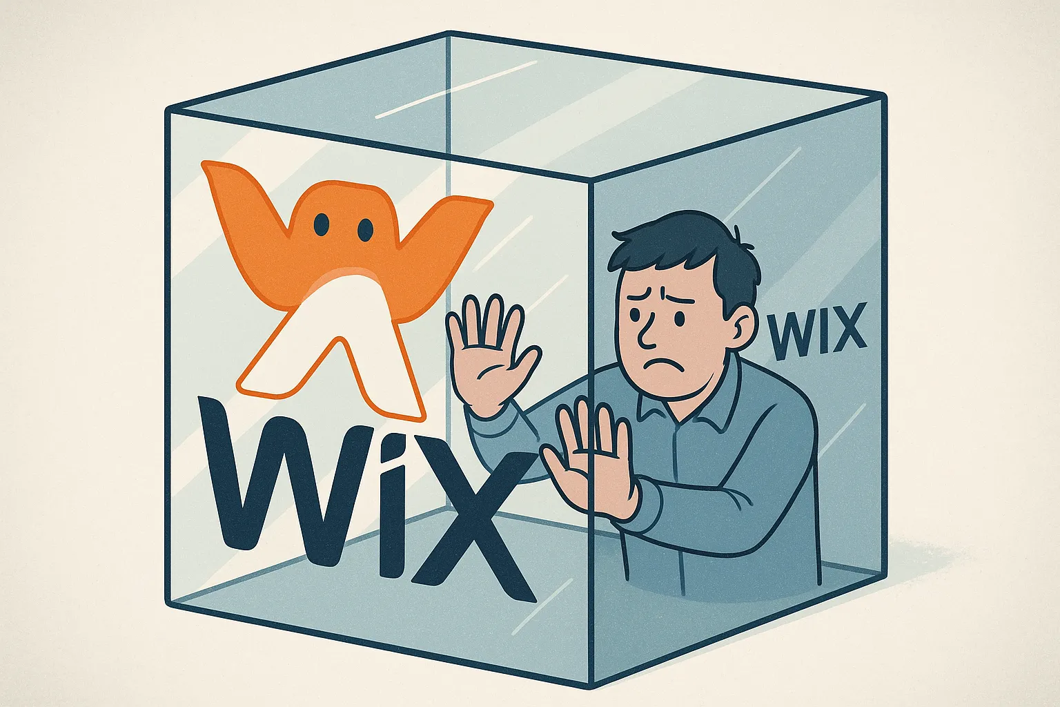 A business owner trapped in a glass box branded by a free website builder, unable to showcase their own brand.