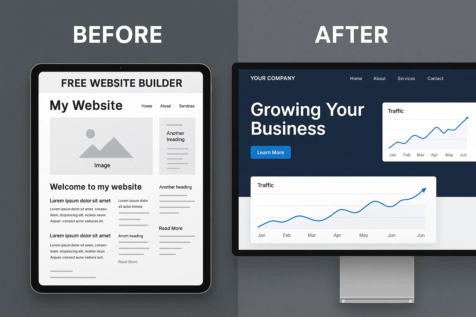 A person choosing between a flimsy free website builder path and a professional path leading to a strong business headquarters.