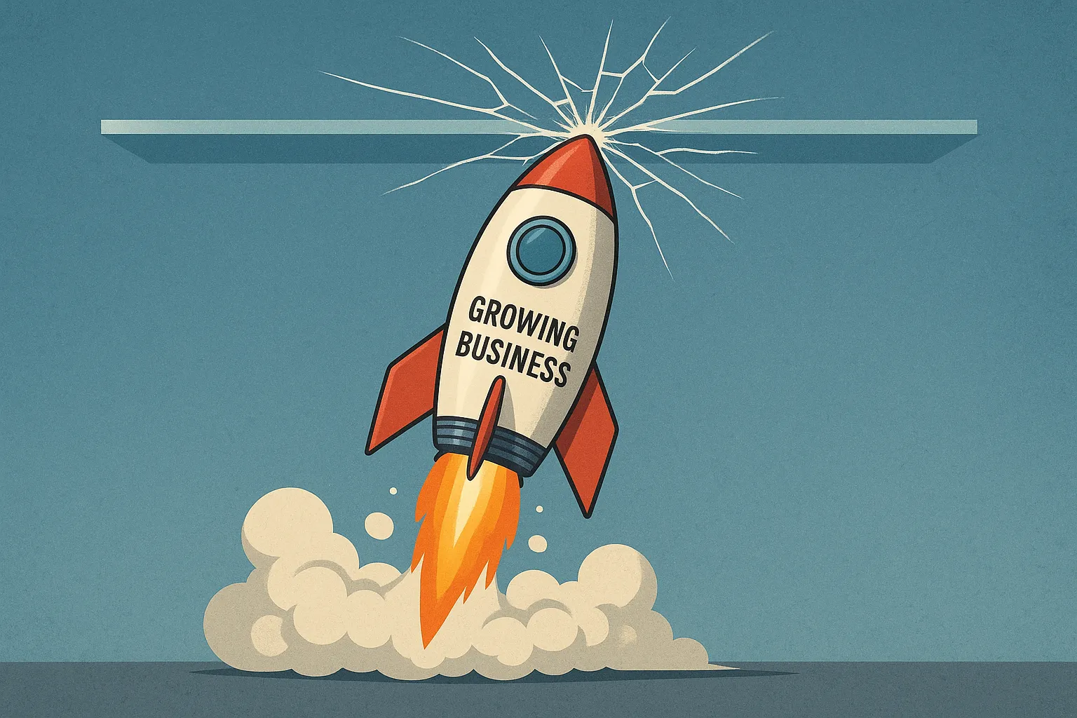 A rocket ship hitting a glass ceiling, symbolizing how a free website builder limits a business's growth potential.