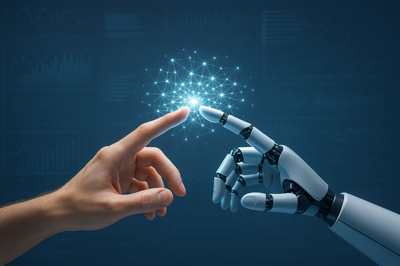 A human hand and a robot hand meeting, creating an AI neural network, symbolizing the power of an AI chatbot on a modern website.