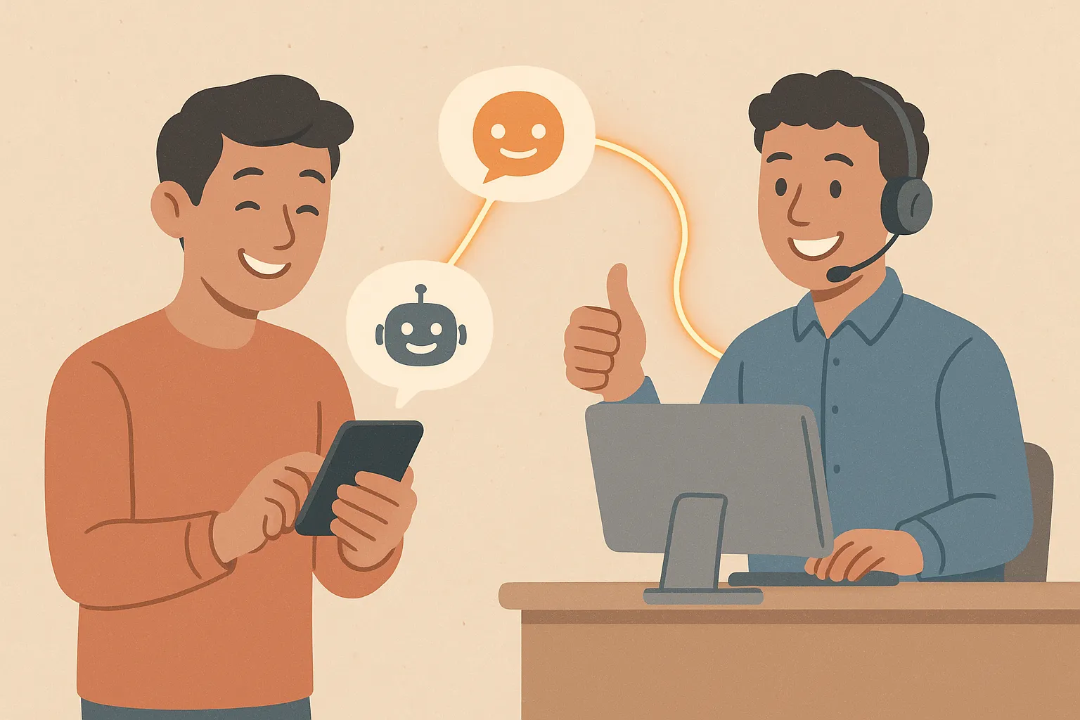 An image showing a seamless handover from an ai chatbot to a happy human agent, representing excellent customer service.