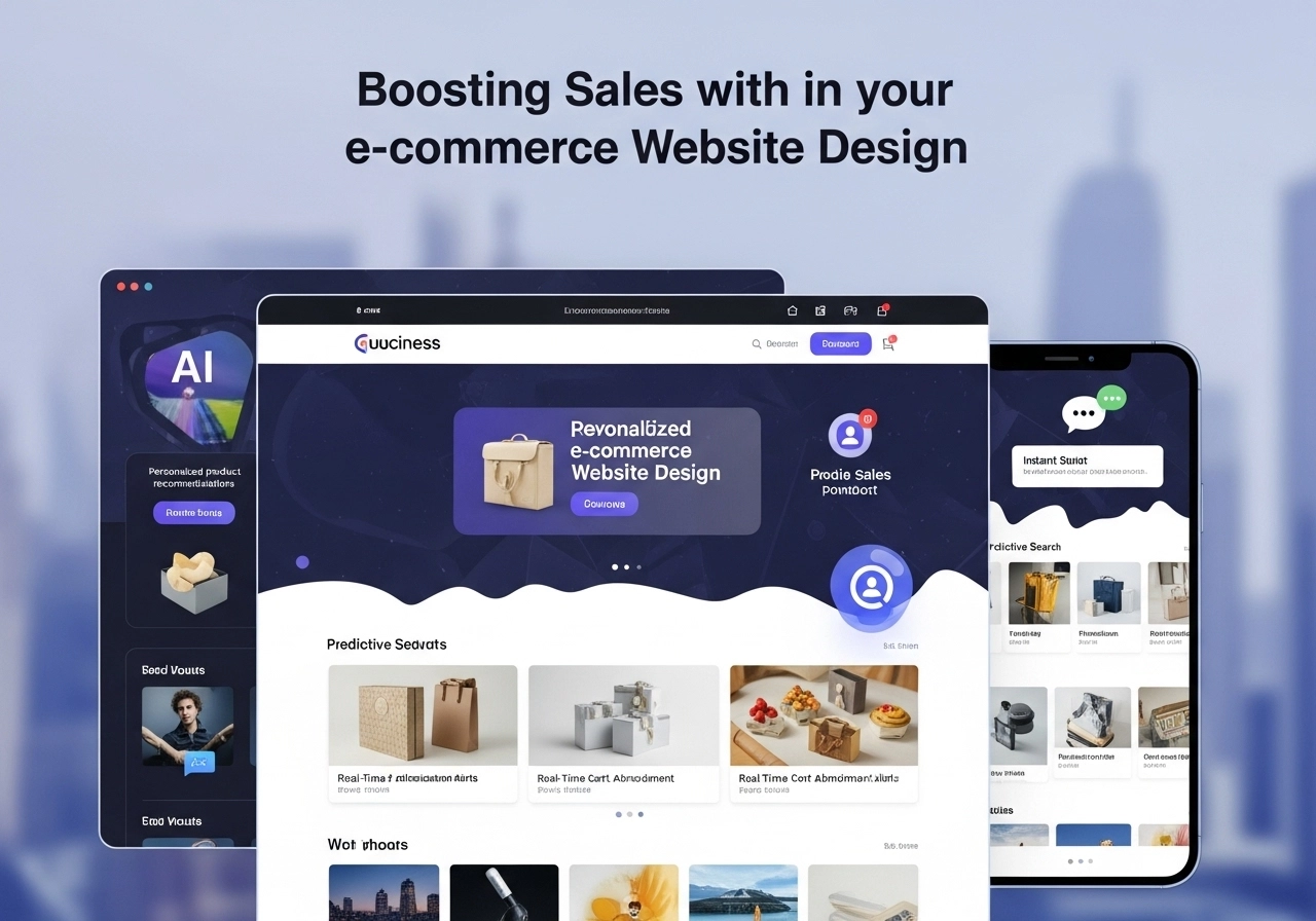 Overlapping digital interfaces for an e-commerce website, including a main desktop view and a mobile view, showcasing features like "Personalized e-commerce Website Design," "Predictive Search," product recommendations, and AI integration. The title above reads "Boosting Sales with in your e-commerce Website Design."