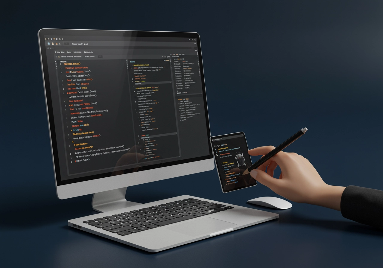 A 3D render of a desktop computer and laptop displaying code, with a stylized hand holding a stylus interacting with a floating smartphone also showing code.