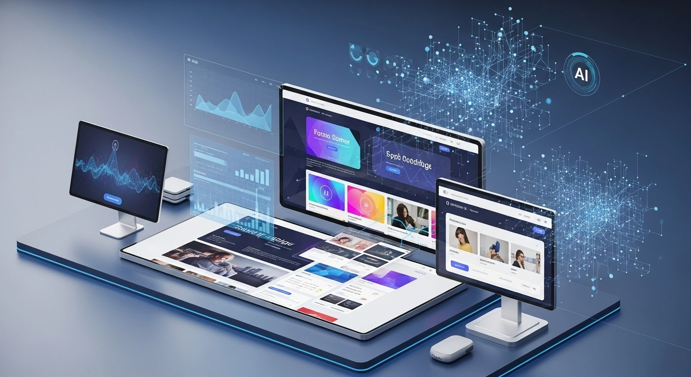 A multi-device digital workspace with a large tablet, two monitors, and an abstract blue glowing data network leading to an 'AI' sphere, all displaying various web interfaces and data visualizations.