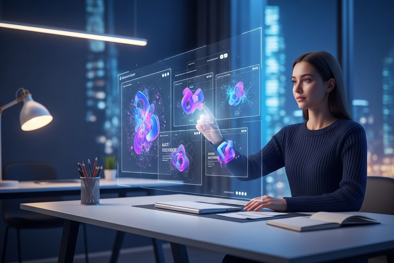 A young woman interacts with a large, translucent holographic display in a modern office. The display shows abstract, colorful glowing designs and user interface elements, with the city lights visible through a window in the background.