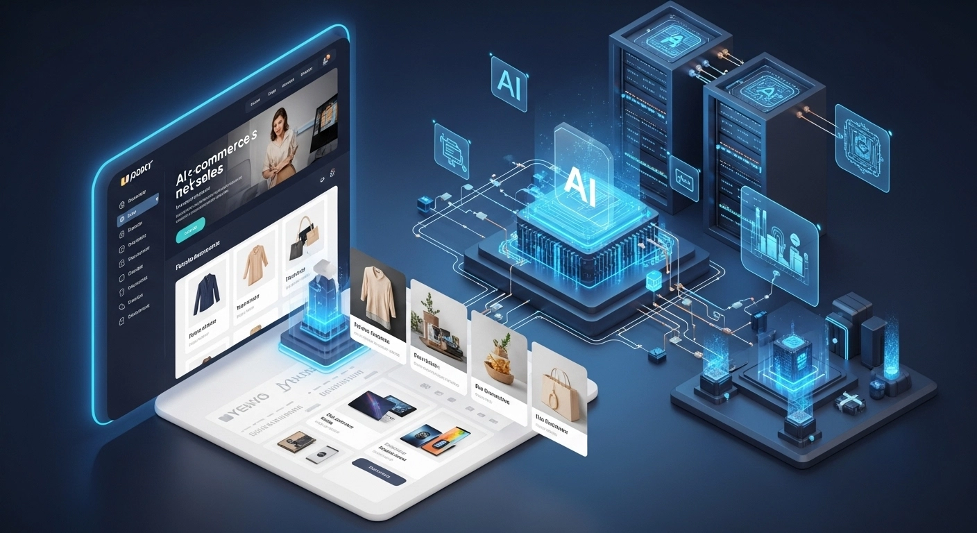 A digital tablet displaying an e-commerce website with product listings and user interfaces. From the tablet, glowing blue lines extend to abstract AI processors, server racks, and data visualization elements, illustrating an AI-powered e-commerce ecosystem.
