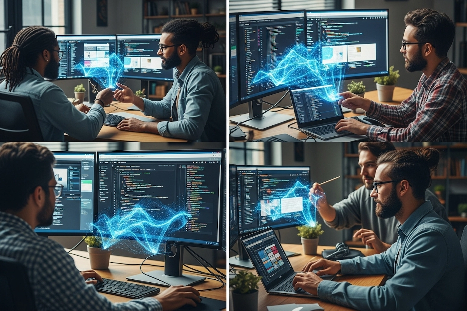 A four-panel collage showing different perspectives of male software developers collaborating and working with glowing blue data visualizations on their computer screens.