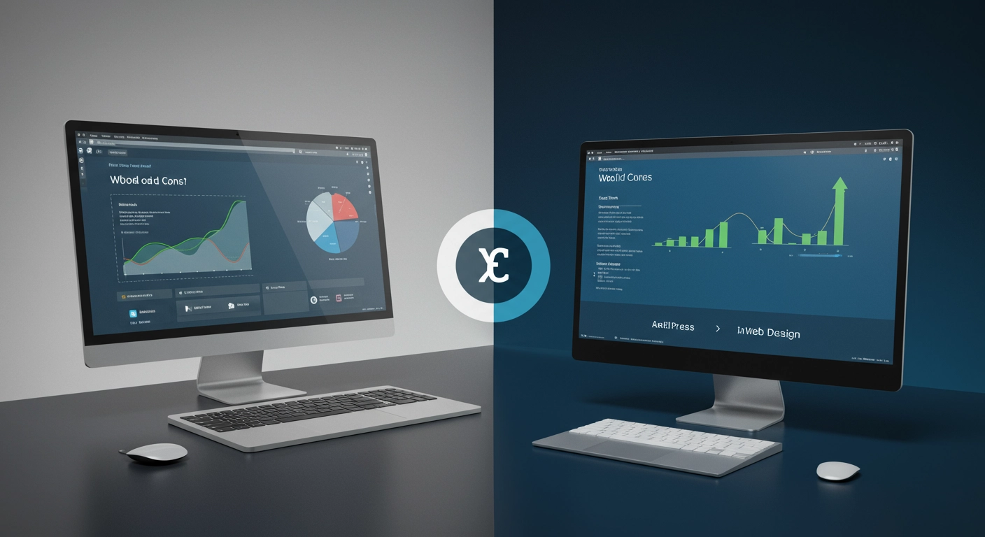 Two computer monitors side-by-side, each displaying different data dashboards, separated by a circular icon with "X€" and a split background, representing a comparison or choice.