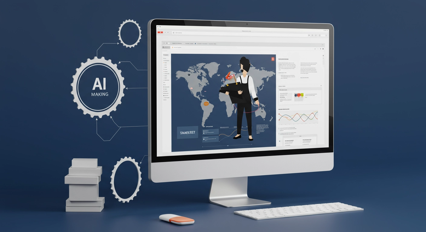 A desktop monitor displaying a world map and a stylized figure holding a box, accompanied by data visualizations, with a large gear icon labeled "AI MAKING" and other gears to the left, all set against a dark blue background.