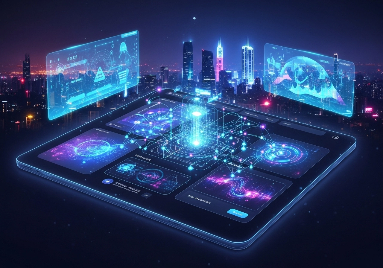 A futuristic tablet displaying glowing digital networks, data visualizations, and abstract patterns, hovering above a city skyline at night. Two additional holographic screens float in the air, showing more data and interfaces.