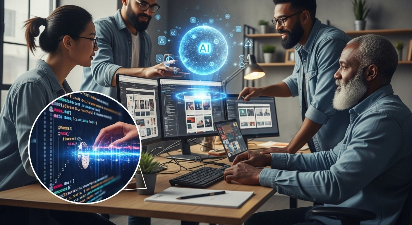 A diverse team of four developers collaborating around computer monitors, with a prominent glowing 'AI' sphere above them and a close-up inset of code with a security lock icon.