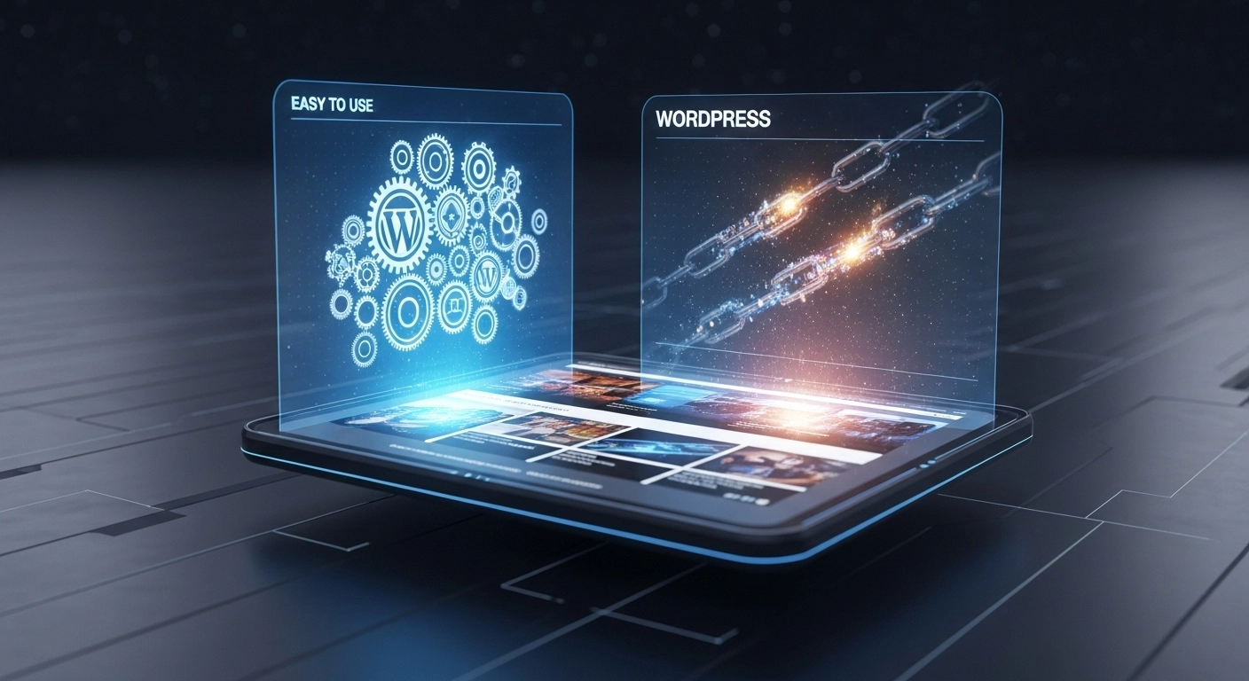 A tablet displaying a web interface with two floating holographic screens above it. One shows gears and a WordPress logo, labeled "EASY TO USE," and the other shows glowing chains, labeled "WORDPRESS."