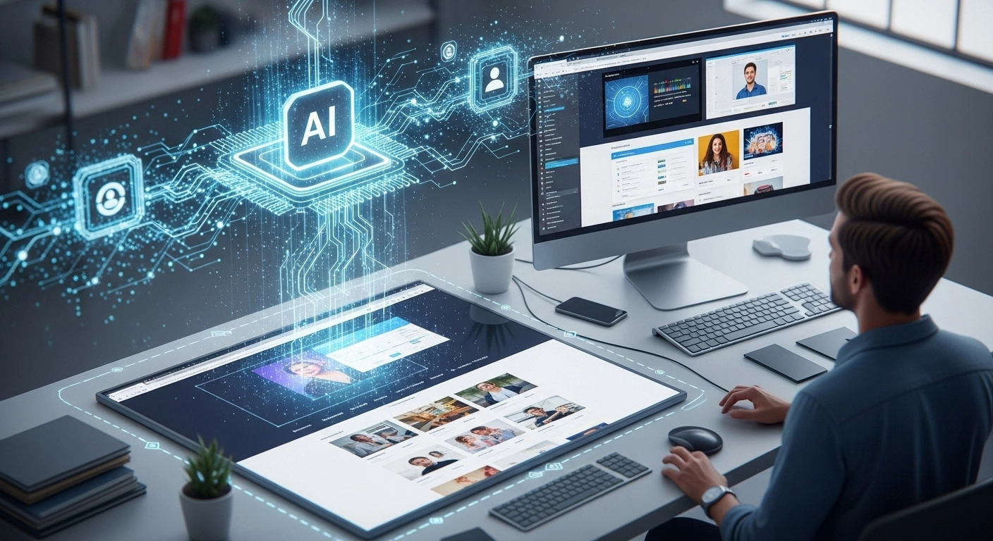 A man working at a computer desk with two monitors, the main one displaying a glowing blue spherical AI icon surrounded by data elements, and the screen showing a creative interface with various images. It shows Web Development Page styles.