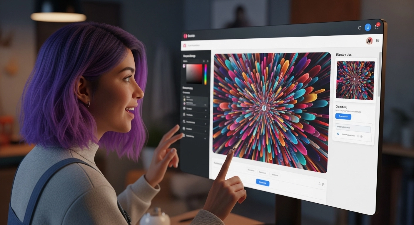 A young woman with vibrant purple hair smiles as she interacts with a large, thin monitor displaying a colorful, abstract, explosion-like image. The screen also shows a color palette, editing tools, and content management options, suggesting a graphic design or AI art creation interface.