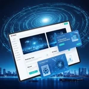 A digital tablet displaying a futuristic user interface with content related to AI-powered features like "Predictive Text" and "AI-Robot Design." The tablet floats above a city skyline at night, with a swirling digital vortex in the background, symbolizing global connectivity and data.