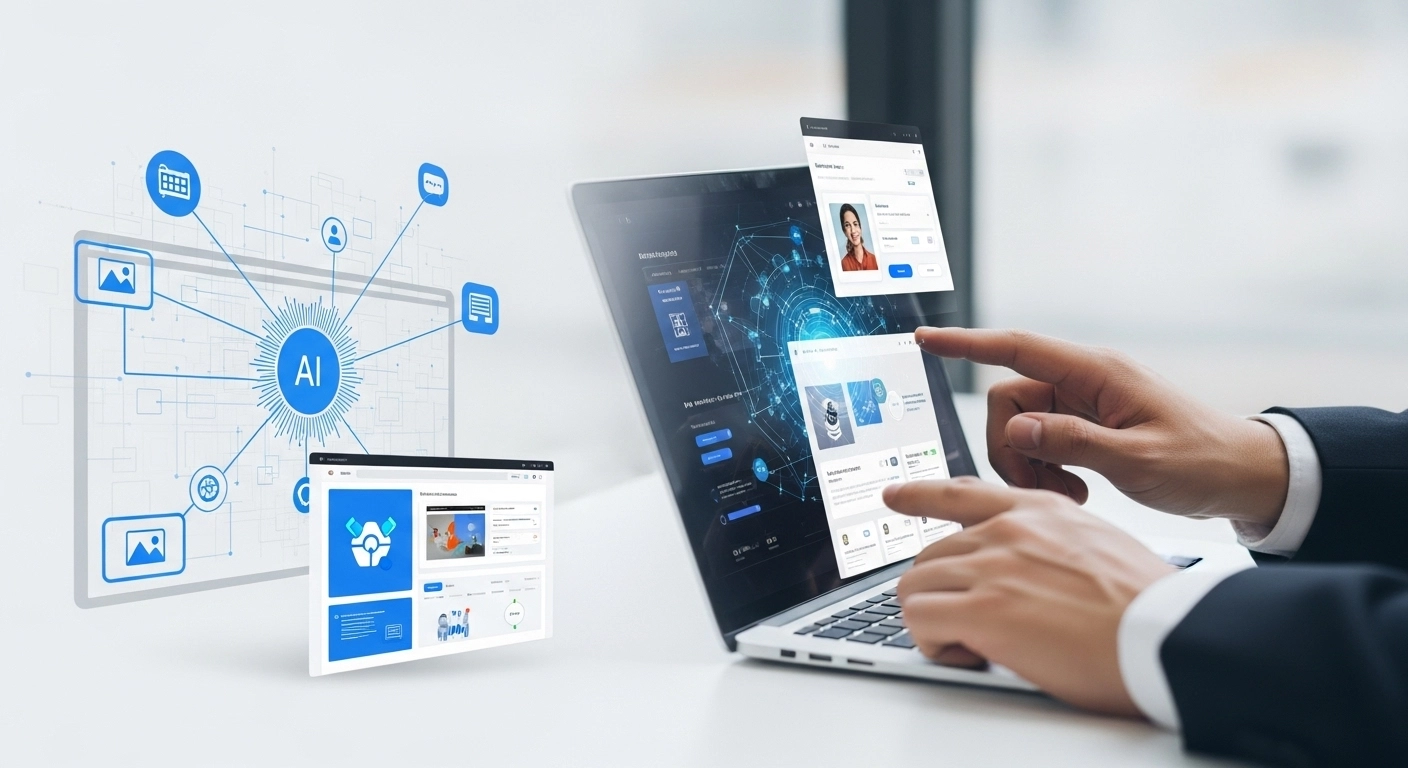 A person's hands interact with a laptop displaying a modern interface with floating elements, alongside a separate diagram showing "AI" at the center connected to various digital icons.