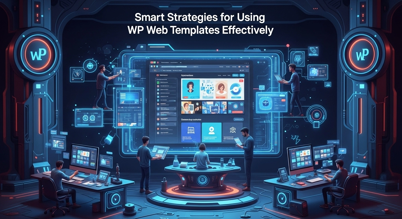 A futuristic digital command center where developers interact with holographic screens and multiple monitors, centered around a large display showing a WordPress web template. The text "Smart Strategies for Using WP Web Templates Effectively" is at the top.