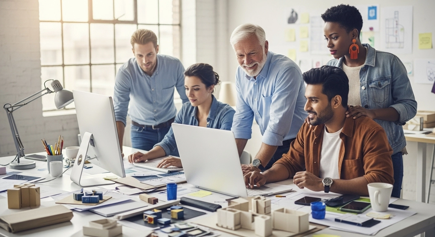 A diverse group of five professionals collaborating around a desk in a bright, modern office, focusing on laptops and desktop monitors that display design or architectural plans, with physical models and sketches spread across the table.