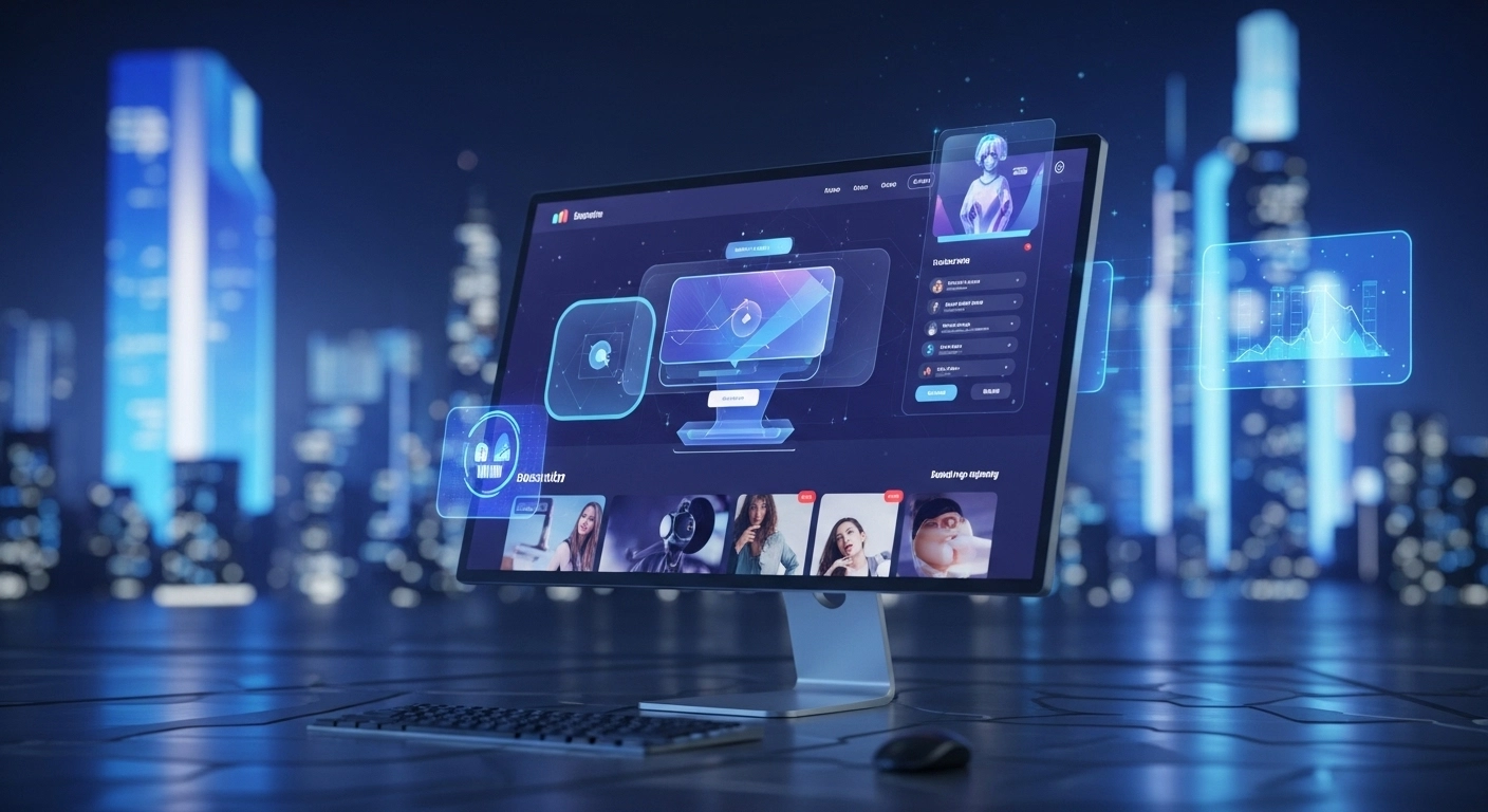 A futuristic desktop computer with a glowing interface displaying digital avatars and data, set against a blurred background of a neon-lit smart city at night.