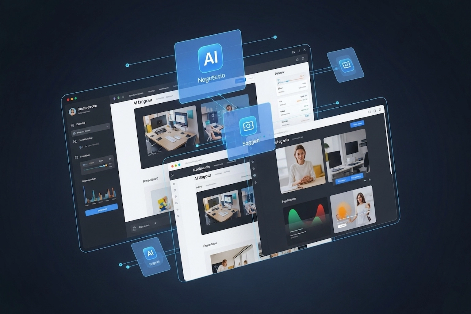 Multiple overlapping browser windows and floating "AI" labeled elements, displaying various digital interfaces, data visualizations, and images against a dark background, suggesting AI-driven web applications.