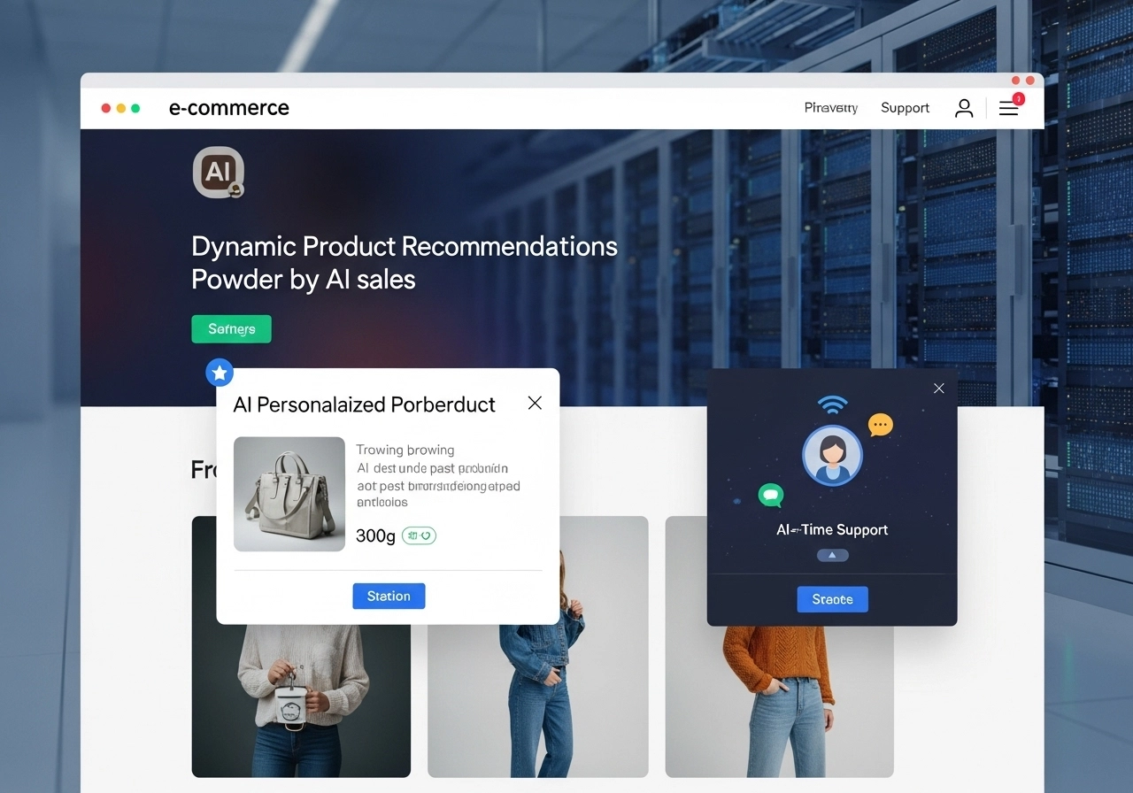 A browser window displaying an e-commerce website with "Dynamic Product Recommendations Powder by AI sales." Pop-up windows show a personalized product recommendation (a handbag) and an "AI-Time Support" chatbot interface, all set against a blurred background of server racks.