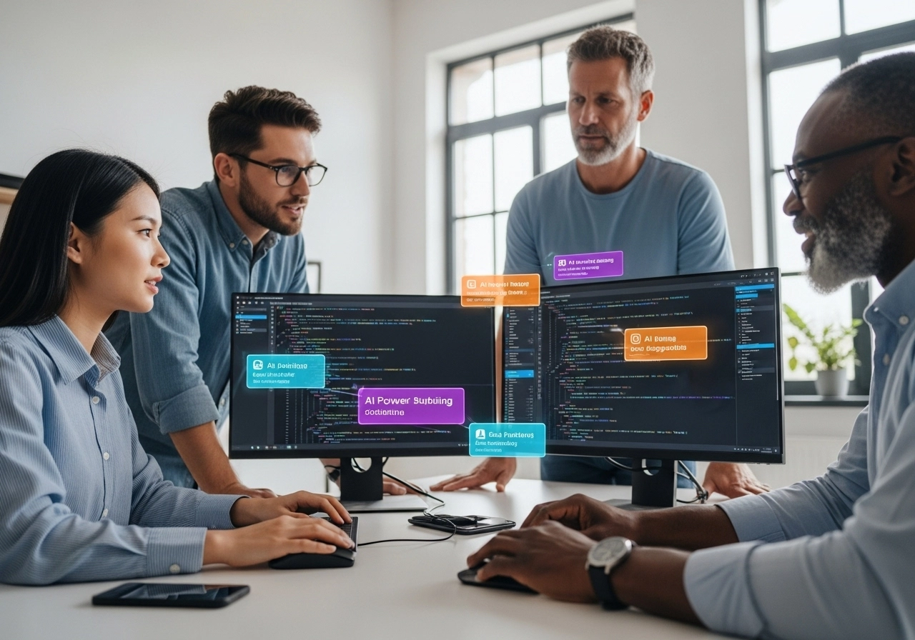 A diverse team of four professionals (two men, one woman, and one older man) collaborating around two computer monitors displaying code and colorful AI-related data labels that describes AI in Web Programming.