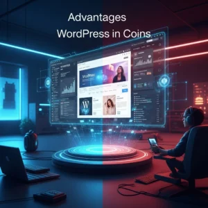 A person wearing headphones interacts with a large, glowing holographic screen displaying a WordPress website and various data dashboards, all emanating from a central digital platform.