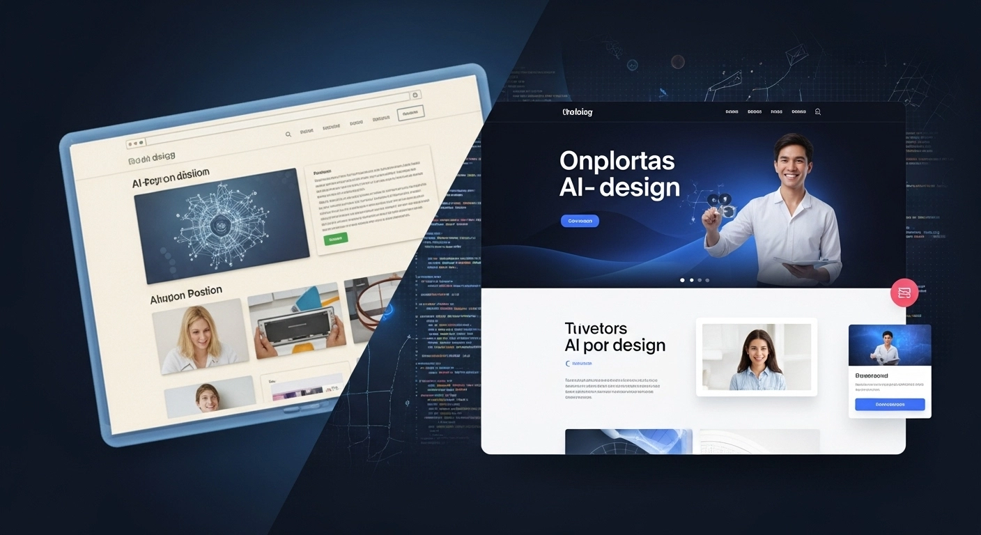 A side-by-side comparison of a light-themed tablet showing a content page and a dark-themed desktop screen displaying an AI design concept, with a split background suggesting a digital environment.